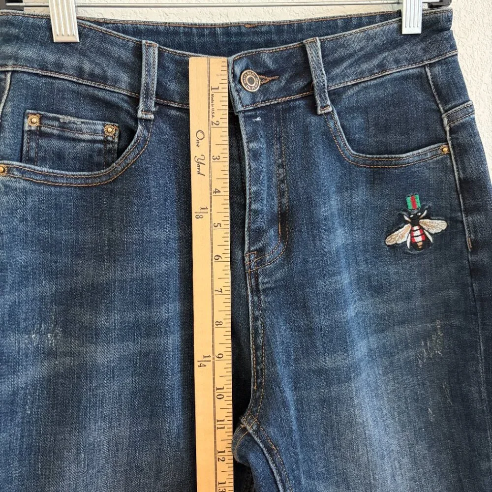 Bee Embroidered Jean Womens 27 x 27 Blue Tapered Stretch Denim Designer Inspired - Picture 8 of 12